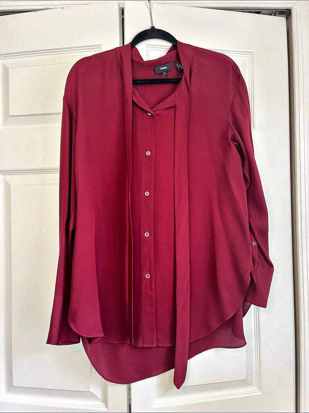 Theory Silk Georgette Tie Neck Blouse Red Small